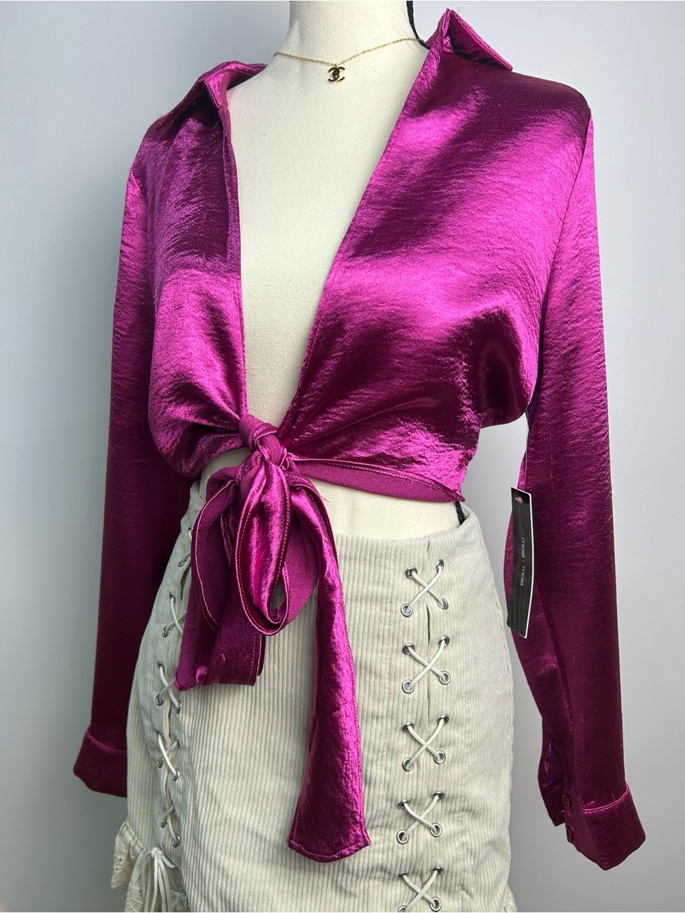 NWOT Moa Moa Magenta Satin Tie-Front Crop Top - Picture 2 of 5